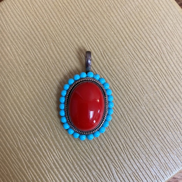 Vintage Jewelry - .925 Red Coral Turquoise Beads Sterling Silver Charm Pendant